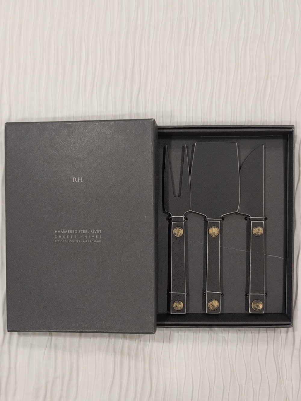 Restoration Hardware Black Hammered Steel Rivet Cheese Knife Set Of 3